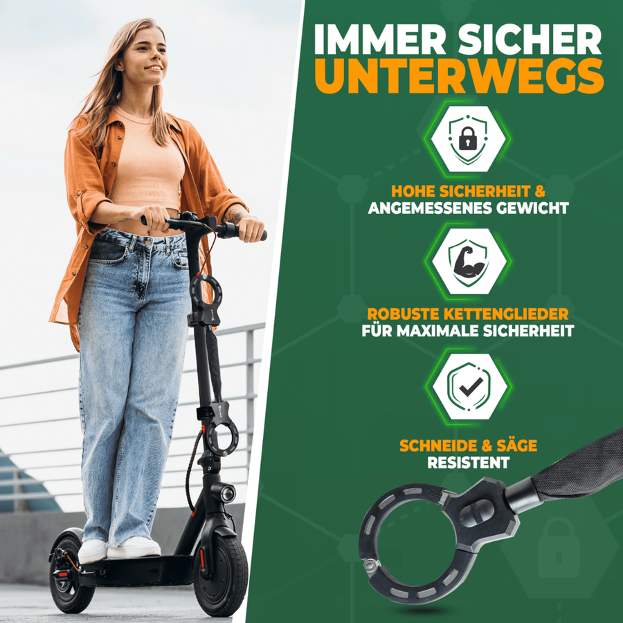 Antivol robuste pour trottinette électrique et vélo avec chaîne en acier trempé de 14 mm – 60 cm – Antivol à gant – Support et 3 clés inclus