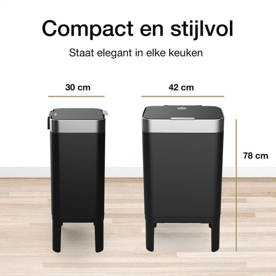 Loftey Trashcan 60 Liter - Push/touch Waste Bin - Duo Waste Bin with inner bin - Trash can 2 compartments - Waste Separation 2x30L - Kitchen - Black/RVS