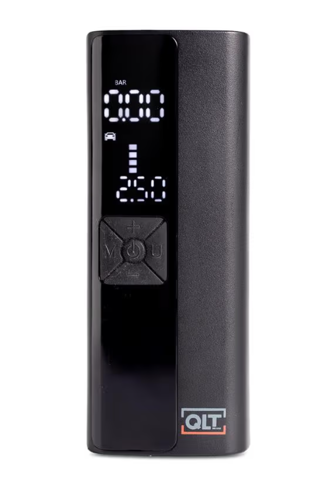 Compresseur d'air sans fil QLT – Rechargeable par USB – Écran LCD avec éclairage LED – Noir – 5,5 x 4,5 x 19,8 cm