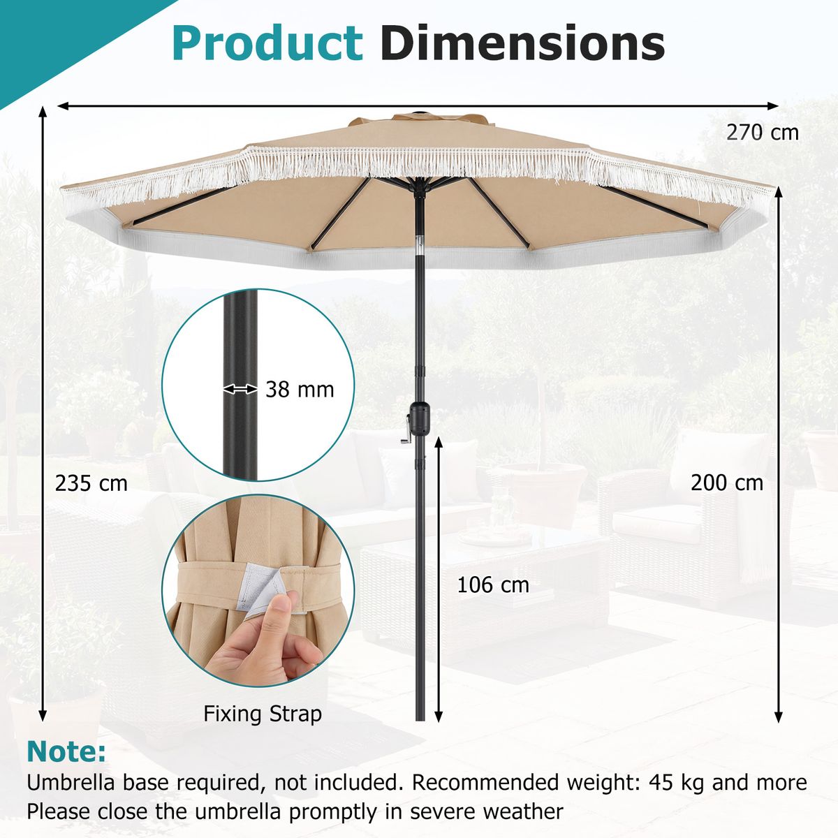 Parasol Coast avec système de balancement et fonction d'inclinaison - 270 cm de diamètre - baleines métalliques robustes - beige