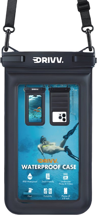 Drivv. Étui de protection étanche de luxe pour téléphone – Flottant – Double fermeture à clip – Éponge supplémentaire – Téléphones jusqu'à 6,8 pouces – Étui de protection sous-marin pour téléphone – Noir