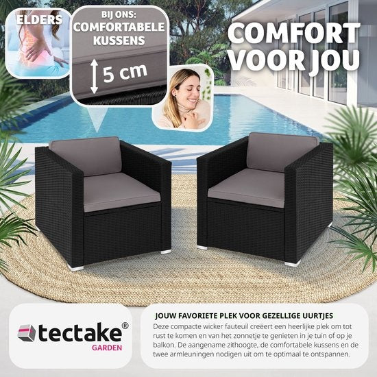 tectake® fauteuil confortable en osier avec accoudoirs, mobilier de jardin pour balcon, jardin, salon, 70 x 69 x 65 cm, déperlant et lavable, coussins d'assise et de dossier inclus - noir - poly-rattan