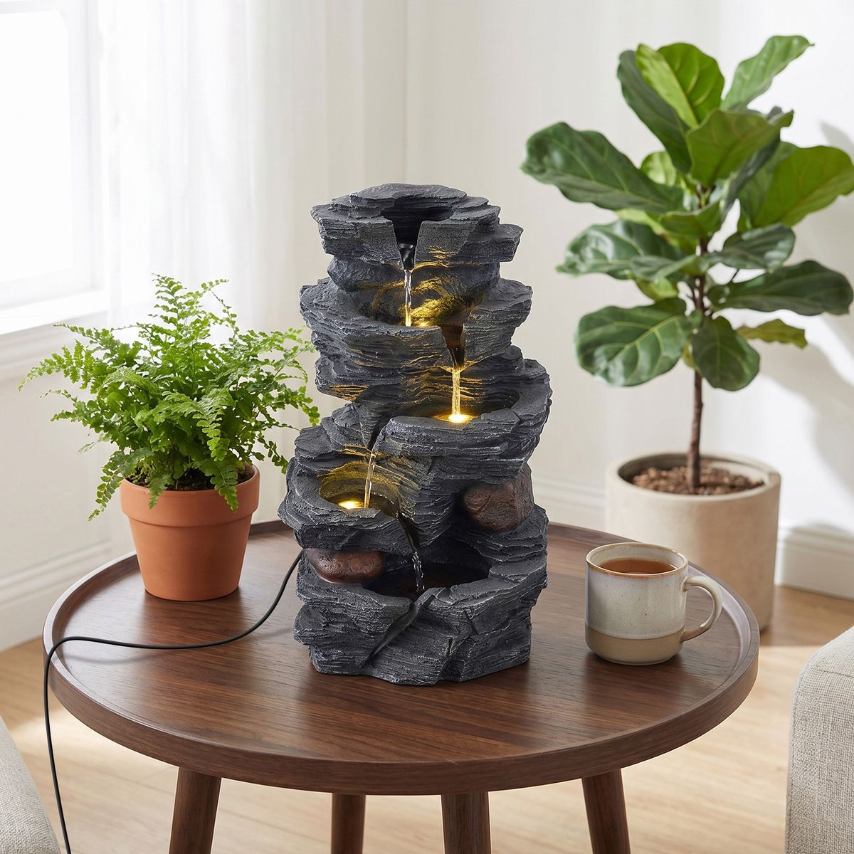 Fontaine de table Coast - cascade à 5 niveaux - éclairage LED - noir - 27 x 20,5 x 45,5 cm