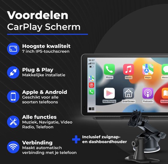 CarMe Écran CarPlay 7 pouces - Apple CarPlay et Android Auto (sans fil) - Écran tactile - Système de navigation automobile - Convient à Apple CarPlay et Android Auto - Écran Android Auto