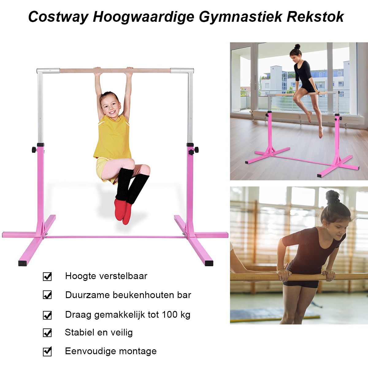 Barre de gymnastique Coast pour enfants - réglable en hauteur - structure triangulaire - rose