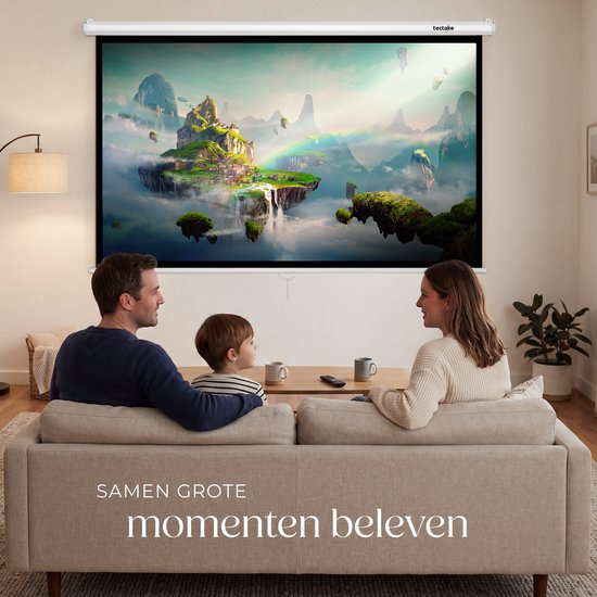 Écran de projection tectake® - 84 pouces (214 cm) - Écran de projection 16:9 - Fixation murale ou au plafond - 4K HD - Enroulable - Déployable - Toile de projection - Écran de présentation - Home cinéma - Matériel de fixation inclus