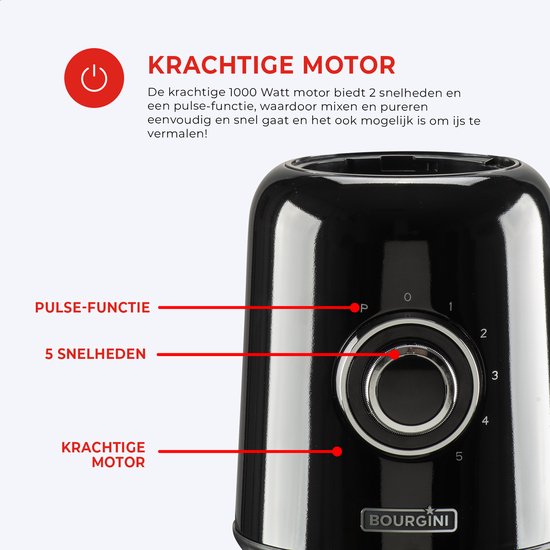 Mixeur Bourgini Retro - 5 vitesses et fonction pulse - 1,5 litre - Mixeur à smoothies - 500 watts - Noir