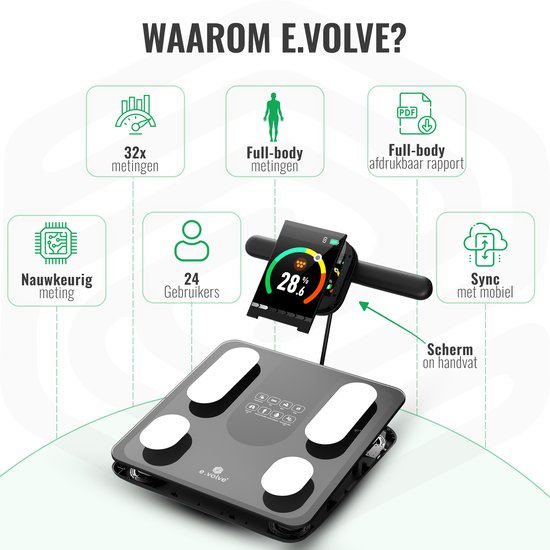 e.volve X11 Pèse-personne numérique - Pèse-personne intelligent avec 32 analyses corporelles - Rechargeable via USB - Application et poignée incluses