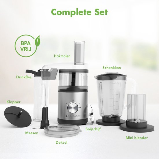 KitchenBrothers Robot de cuisine - Hachoir - Coupe-légumes - Modèle multifonction 5-en-1 - Robot de cuisine compact 0.5L - Coupe-oignon - Noir