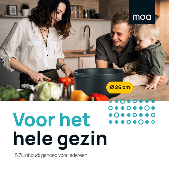 MOA Casserole en fonte - 5,7L - Pour toutes les sources de chaleur y compris l'induction - Avec couvercle - Ø 26cm - Revêtement antiadhésif - Noir