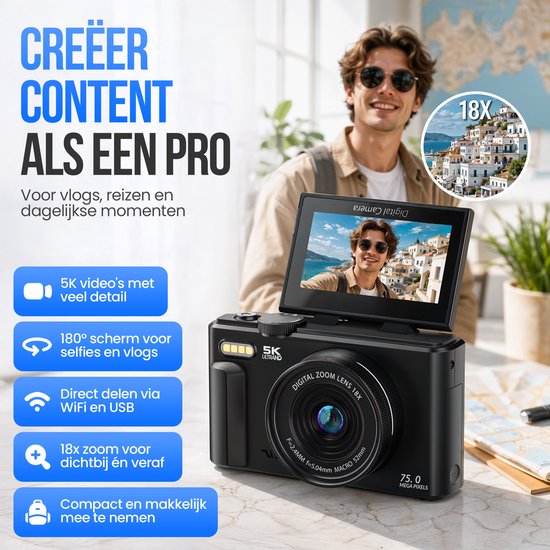 Appareil photo numérique Strex 5K 75 MP - Appareil photo - Appareil photo compact avec Wi-Fi - Appareil photo pour vlog - Appareil photo pour enfants - Zoom 18x - Écran orientable - Noir