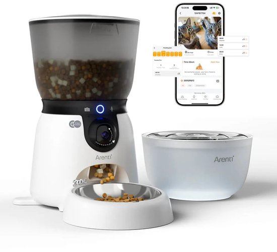Arenti Petfeeder2 : distributeur automatique de nourriture 4 L avec caméra orientable - fontaine 3 L - pour chats et chiens – distributeur intelligent avec caméra – 3 MP (2K) et vision nocturne – Audio bidirectionnel – Distributeur automatique de nourritu
