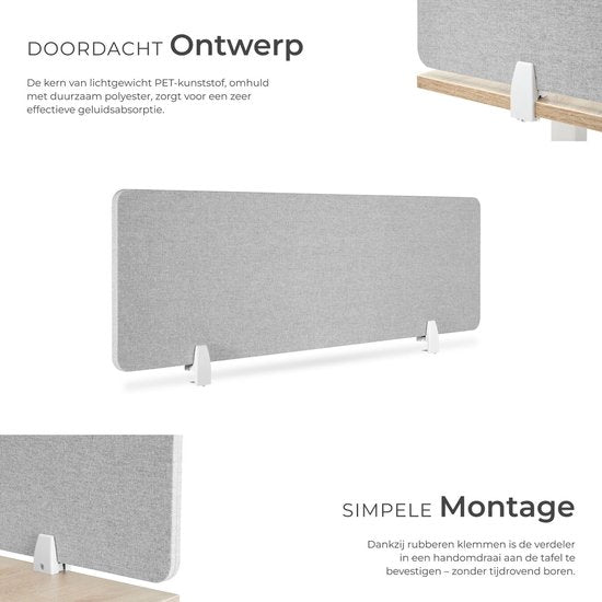 tectake® Séparateur d'écran de bureau Noisy - Avec noyau en PET insonorisant - Livré avec 2 clips de fixation - Dimensions (Lxl) 130 x 40 cm - Gris