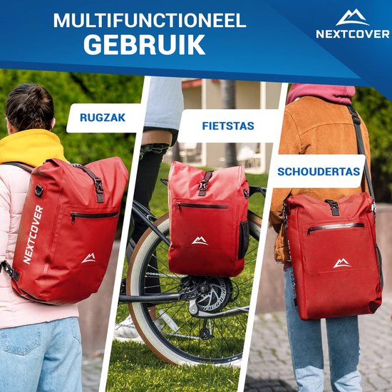 NEXTCOVER® NEW 3-in-1 bike bag for carrier [Aquashield] - Reflective luggage bag bag waterproof - backpack and shoulder bag [25 litres]- Red