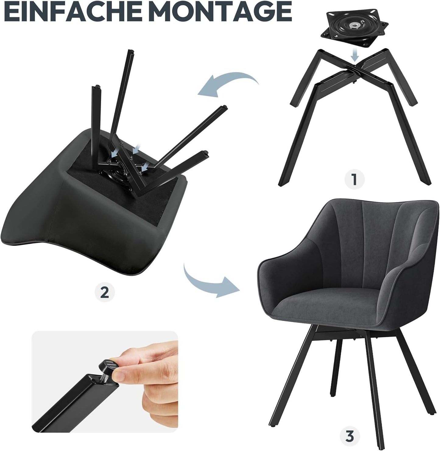 Chaise de salle à manger Yaheetech pivotante à 360° avec accoudoirs - Velours - 55 x 58,5 x 82 cm - Gris foncé