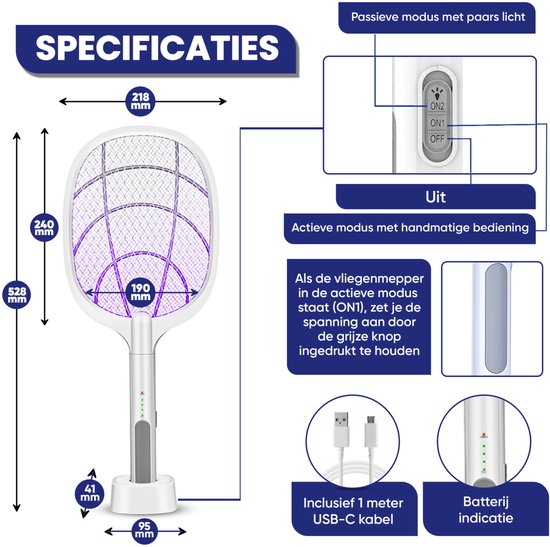 TTD® Premium Electric Fly Swatter and Mosquito Lamp Rechargeable - 2 Stages Fly Swatter and Mosquito Lamp - 2500 Volts - Avec filet de sécurité - Lumière UV - Attrape-mouches - Lampe à mouches - Lampe à moustiques pour l'intérieur et l'extérieur - Attrape