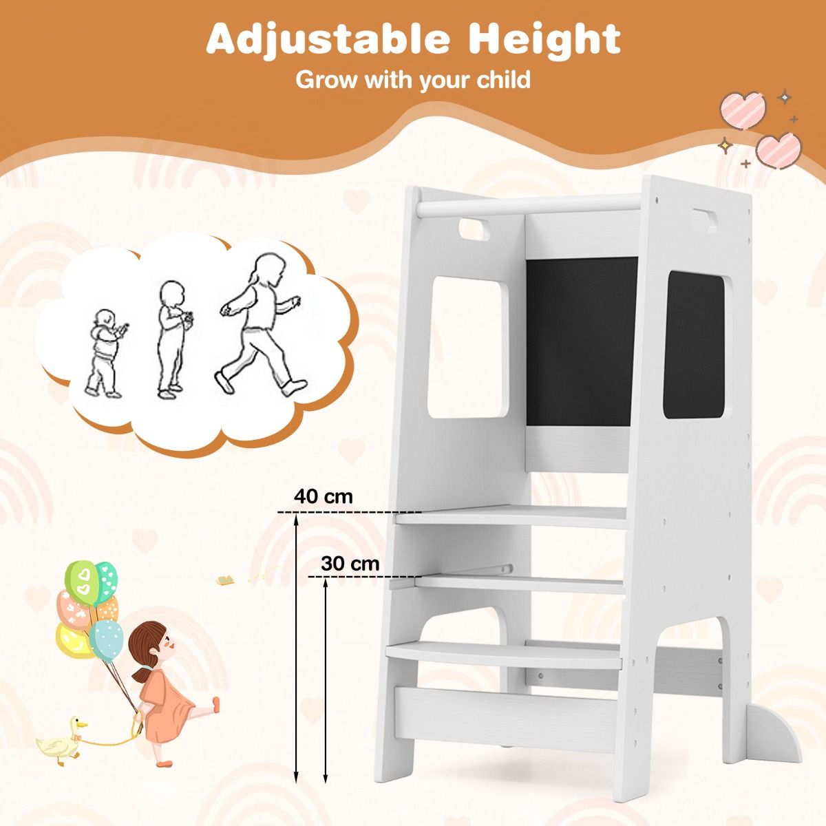 Coast Kitchen Steps for Toddlers - Tabouret en bois pour enfants avec tableau d'activités - Réglable 30/40 cm - Rail de sécurité - Blanc 60 x 49 x 91.5 cm