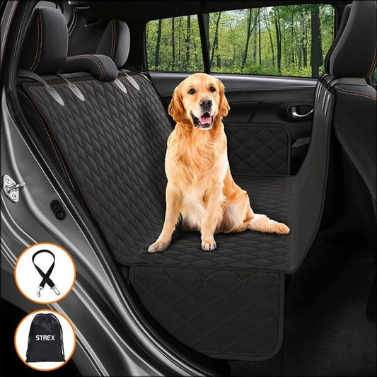 Strex Couverture pour chien Siège arrière et coffre de la voiture - 137 x 147 CM - Housse de protection - Tapis pour chien - Tapis de voiture Siège arrière - Laisse pour chien et sac de rangement inclus - NOIR