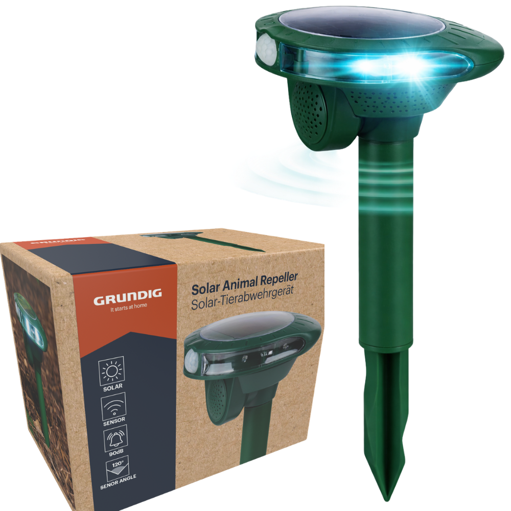 Répulsif solaire Grundig contre les animaux nuisibles – Équipé d'un détecteur de mouvement automatique, d'un flash LED et d'une technologie à ultrasons – Pour le jardin et la terrasse – Plastique vert – 120 degrés
