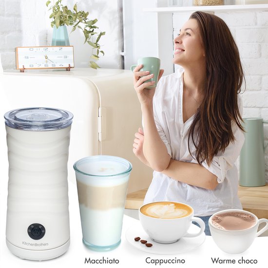 KitchenBrothers Mousseur à lait électrique - 4 en 1 - Fouet à lait - 240 ML - Mousseur à lait pratique - Blanc