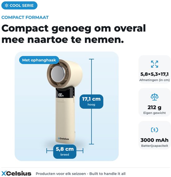 Ventilateur portable XCelsius® - Mini-ventilateur pliable - Rechargeable via USB-C - Réglage continu de 0 % à 100 % - Avec plaque de refroidissement instantanée - Beige/Crème