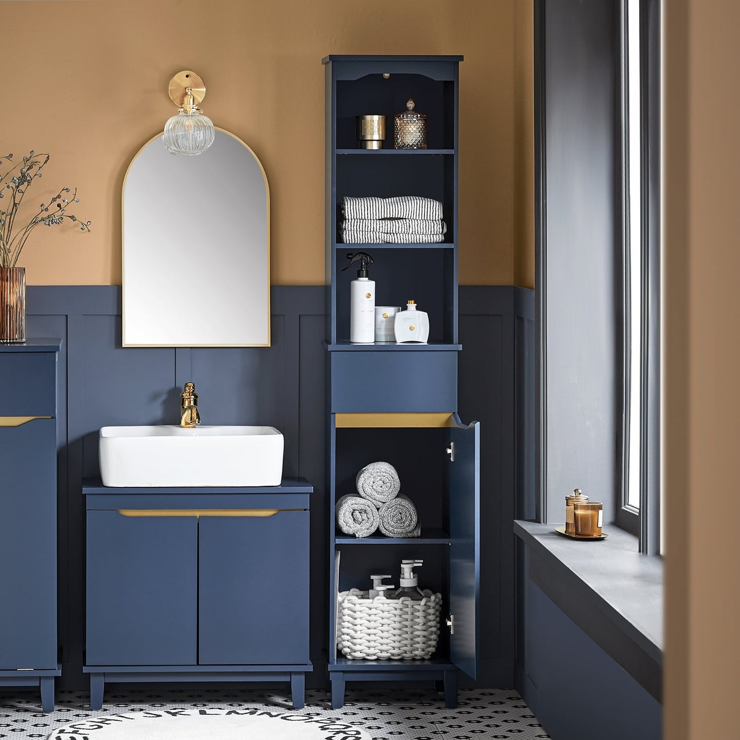 SoBuy Meuble colonne de salle de bain - Meuble haut - 3 étagères - 1 porte - 35 x 30 x 170 cm - Bleu