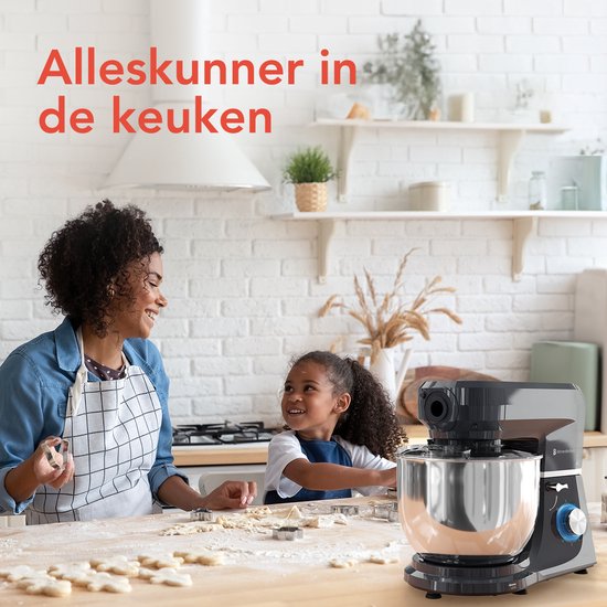 KitchenBrothers Kitchen Robot - Robot de cuisine 6-en-1 - 1500W - Avec hachoir, blender et 15 accessoires - Bol en acier inoxydable de 6,2L - Anthracite