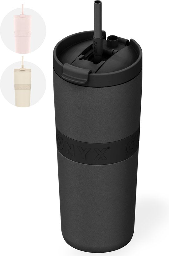 ONYX Bouteille à boire avec paille 700ML - Bouteille d'eau pour enfants et adultes - Tasse thermos en acier inoxydable Mug de voyage - Buveur motivé - Tasse à boire pour l'école - Noir