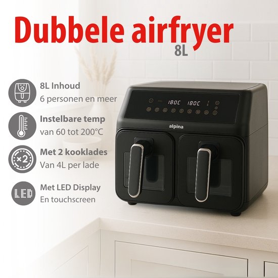 Alpina Friteuse à air chaud double XXL - Friteuse à air chaud 2 x 4 L - Friteuse à air chaud avec écran tactile numérique - Four à air chaud pour 6 personnes et plus - 8 programmes de cuisson - Mode Sync - Fonction minuterie
