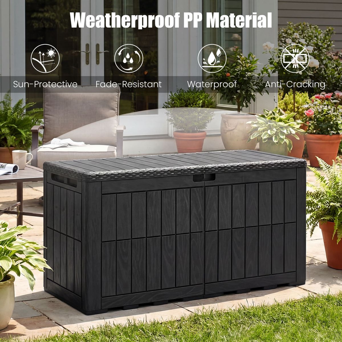 Boîte de rangement Coast pour jardin - capacité de 380 L - banc et coffre à coussins 2-en-1 - noir