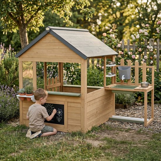 Maisonnette AXI Lizz marron/anthracite – Maisonnette en bois avec coin cuisine, tableau noir, miroir, pots de fleurs et accessoires – Bois certifié FSC – Maisonnette de jardin pour enfants – Garantie 10 ans