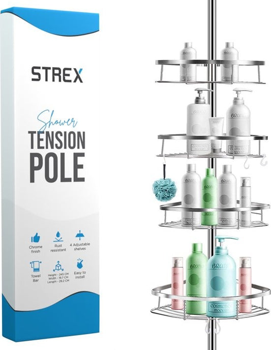 Porte-douche télescopique Strex en acier inoxydable - réglable 70-275 cm - 4 paniers - qualité robuste - fixation sans perçage ni vis - Porte-douche télescopique d'angle