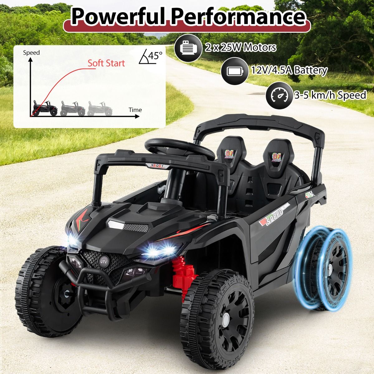 Voiture électrique pour enfants Coast - batterie 12 V - télécommande - UTV noir - à partir de 3 ans
