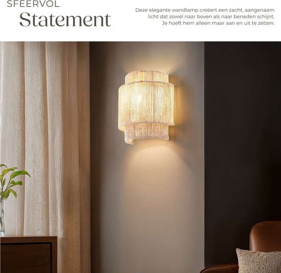 tectake® Lampe murale Lignea Lux - 40W - 12 x 23 x 25,5 cm - E14 - Lampe murale pour le salon, la chambre à coucher, la salle à manger - Lampe en toile de jute de style boho - Eclairage d'escalier - Semi-circulaire
