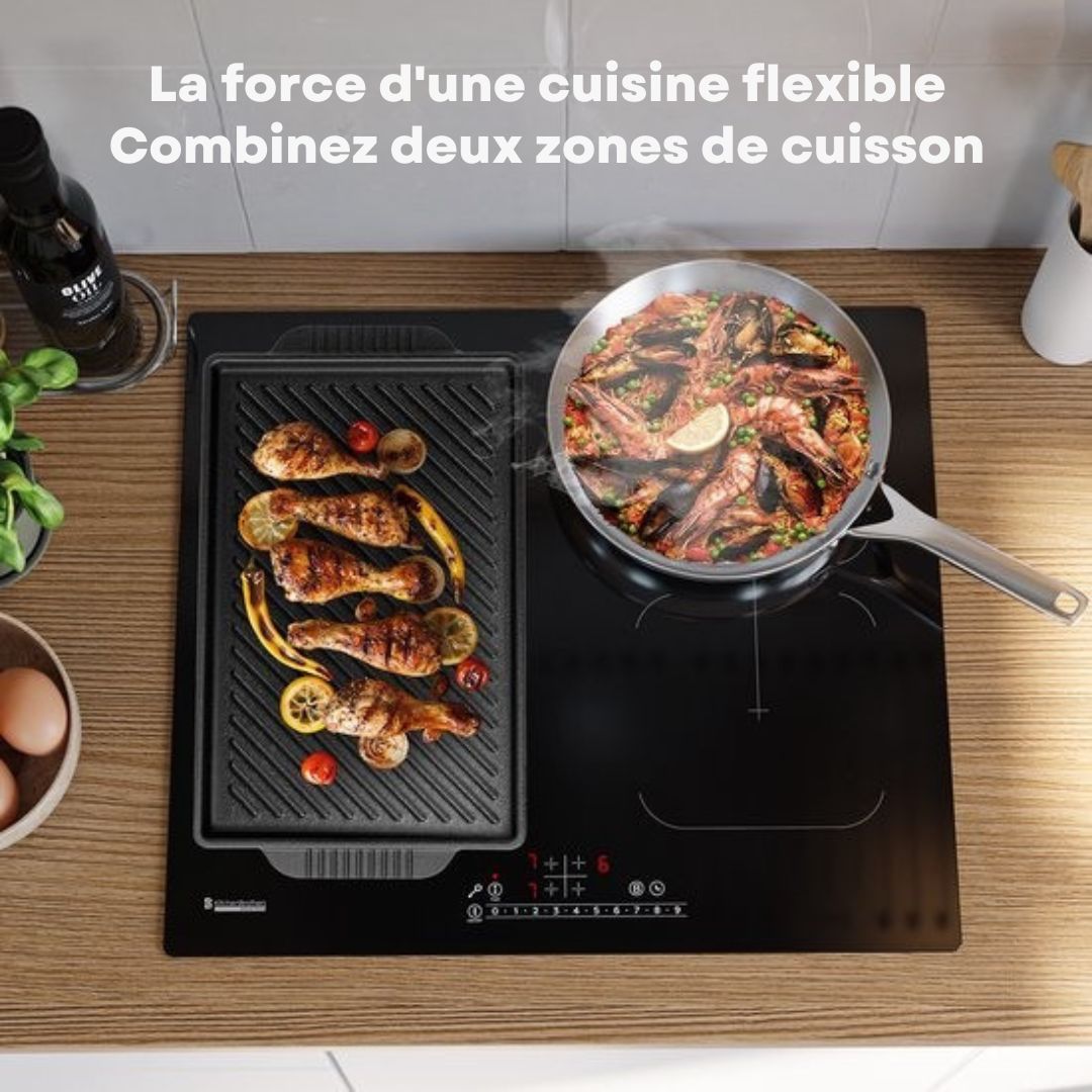 Plaque de cuisson à induction KitchenBrothers -  encastrable - 60 cm - 4 zones - 2x Flexzone - 1 et 2 phases - Jusqu'à 2400W - Noir