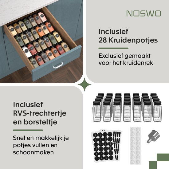 Noswo Spice Rack Drawer - With 28 Jars - Complete Set - Square - Sprinkle Lid and Labels - Spice Organiser - Kitchen Drawer Organiser - Black
