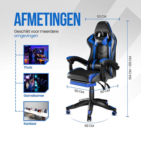 Avalo Gaming Chair - Chaise de jeu - Chaise de bureau ergonomique réglable - Chaise de jeu - Chaise de jeu - Noir/Bleu