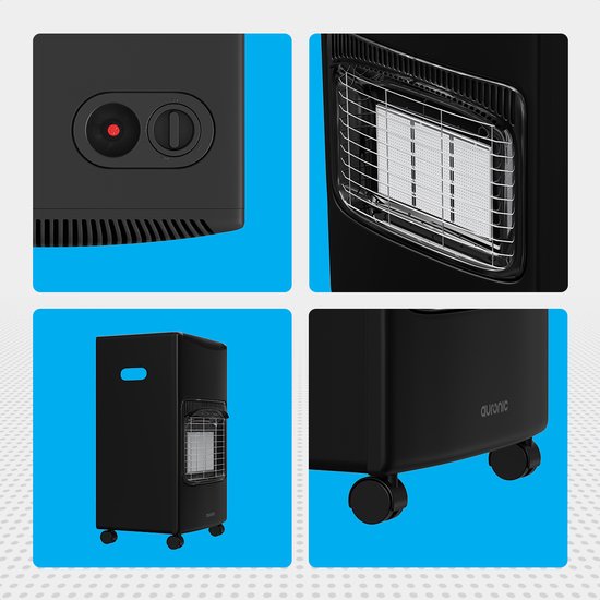 Auronic Mobile Gas Heater - with Wheels - up to 60 m² - 4100W Gas Heater - Includes Gas Pressure Regulator and Gas Hose - Black