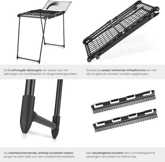 tectake® Séchoir à linge - Séchoir à linge - Longueur de séchage : 18 mètres - Pliable - Sur pied - Séchoirs à linge avec 2 supports pour le petit linge - Ailes latérales hautes pour les vêtements longs - Noir
