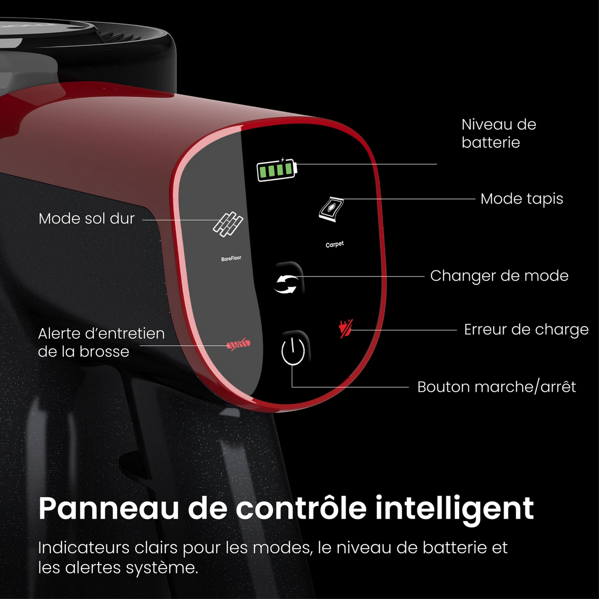 Aspirateur sans fil MonsgaClean M100 - Rouge - 55 000 Pa - 45 min - 1,8 L - Écran tactile - Anti-enchevêtrement - LED verte