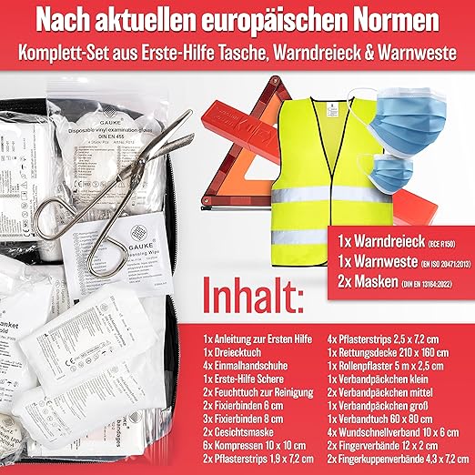 Heroism 3-in-1 Car First Aid Kit 2026 - Boîte de premiers secours, triangle de signalisation et gilet de sécurité, conforme aux normes européennes
