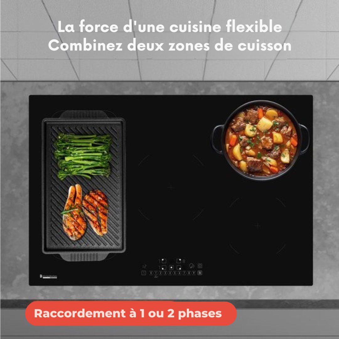Plaque de cuisson à induction KitchenBrothers - Table de cuisson à induction encastrable - 80 cm - 1 Flexzone + 3 Zones - 1 et 2 phases - Noir