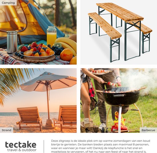 tectake® - Table à bière avec 2 bancs - 8 personnes - 170 cm de long - Ensemble de table à bière 3 pièces avec table pliante et bancs - Table de jardin - Banc à bière Oktoberfest