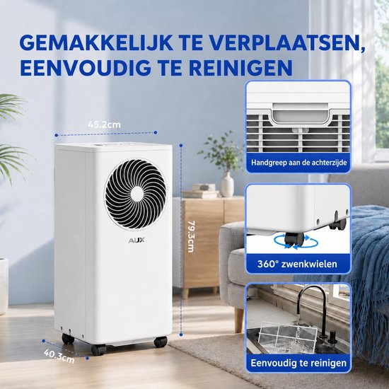 Climatiseur mobile AUX 3-en-1 9 000 BTU (jusqu'à 36 m²), classe énergétique A, Wi-Fi et télécommande, 4 modes, auto-amortissement, réfrigérant R290, filtre lavable, support de fenêtre inclus