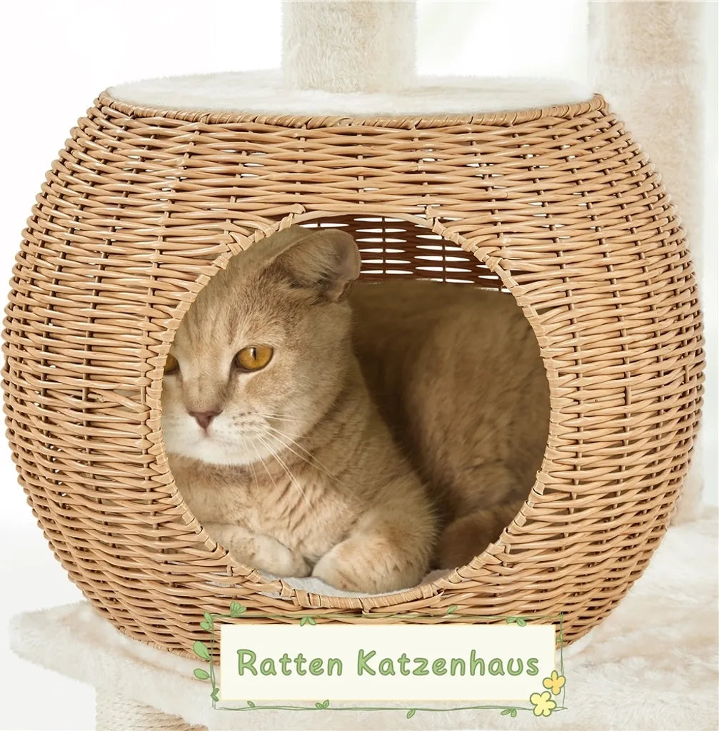 Yaheetech Arbre à chat 137,5 cm en rotin avec maison pour chat, beige