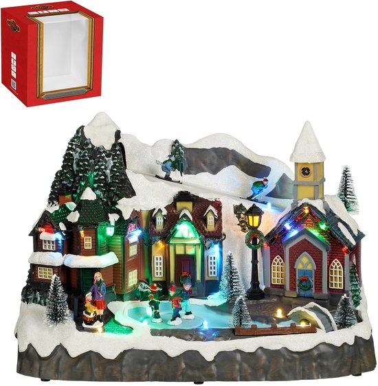 Luville Village de Noël miniature - Place du village - Décoration de Noël avec des habitants qui patinent - Décoration de Noël avec éclairage LED et figurines tournantes - L 34 x l 18 x H 24 cm - Blanc