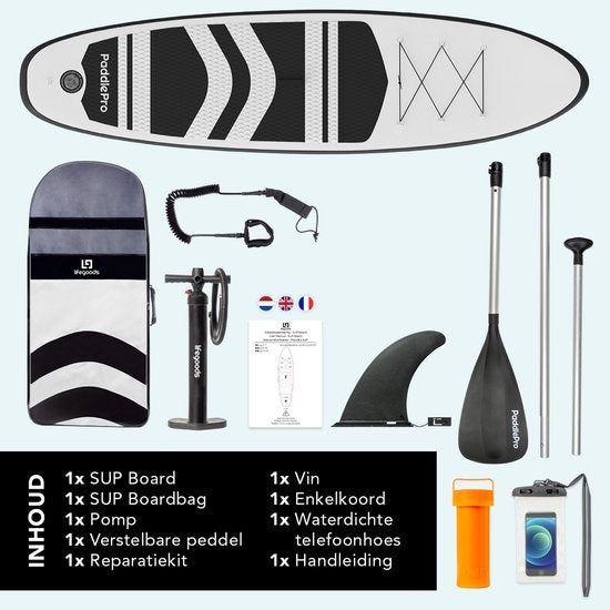 LifeGoods SUP Board - Planche à pagaie gonflable - Ensemble complet - Max. 135KG - 320x81cm - Blanc/Noir