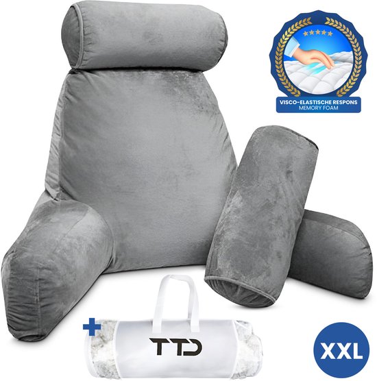 TTD® Premium XXL Coussin de lecture avec rouleau pour la nuque - Siège de lecture - Coussin de lecture pour le lit - Coussin de siège ergonomique avec rembourrage réglable - Coussin de livre - Comprend un mini-coussin supplémentaire - Velouté et doux - Ho