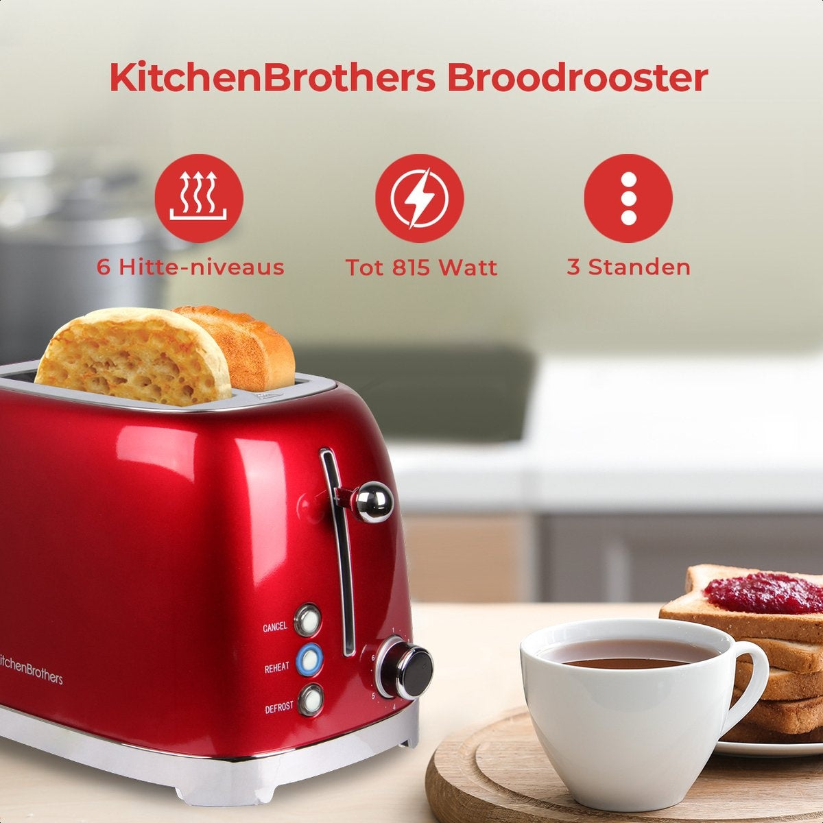 KitchenBrothers Grille-pain rétro - 6 niveaux de chaleur - 2 fentes extra-larges - 1630W - Fonction de réchauffage et de décongélation - Rouge