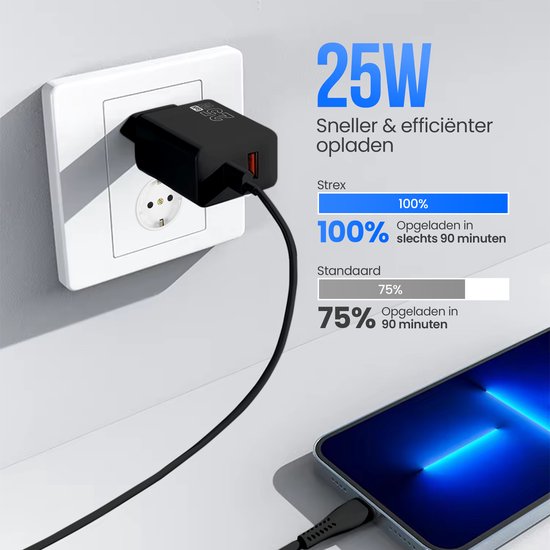 Strex USB-C & USB-A Fast Charger 25W - Chargeur GaN avec PD 3.0 & QC 3.0 - Câble USB-C inclus - Noir